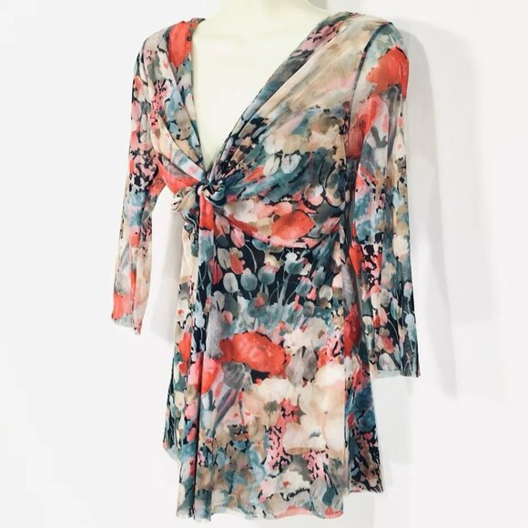 Vintage Y2K Johnny Heaven Mesh Top Sz L Fairy Floral Garden Flowy Stretchy - Picture 3 of 9